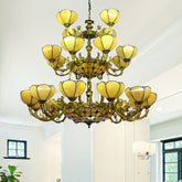 Yellow Tiffany Glass Chandelier for Villa and Hotel - 3-Tier Antique Hanging Light